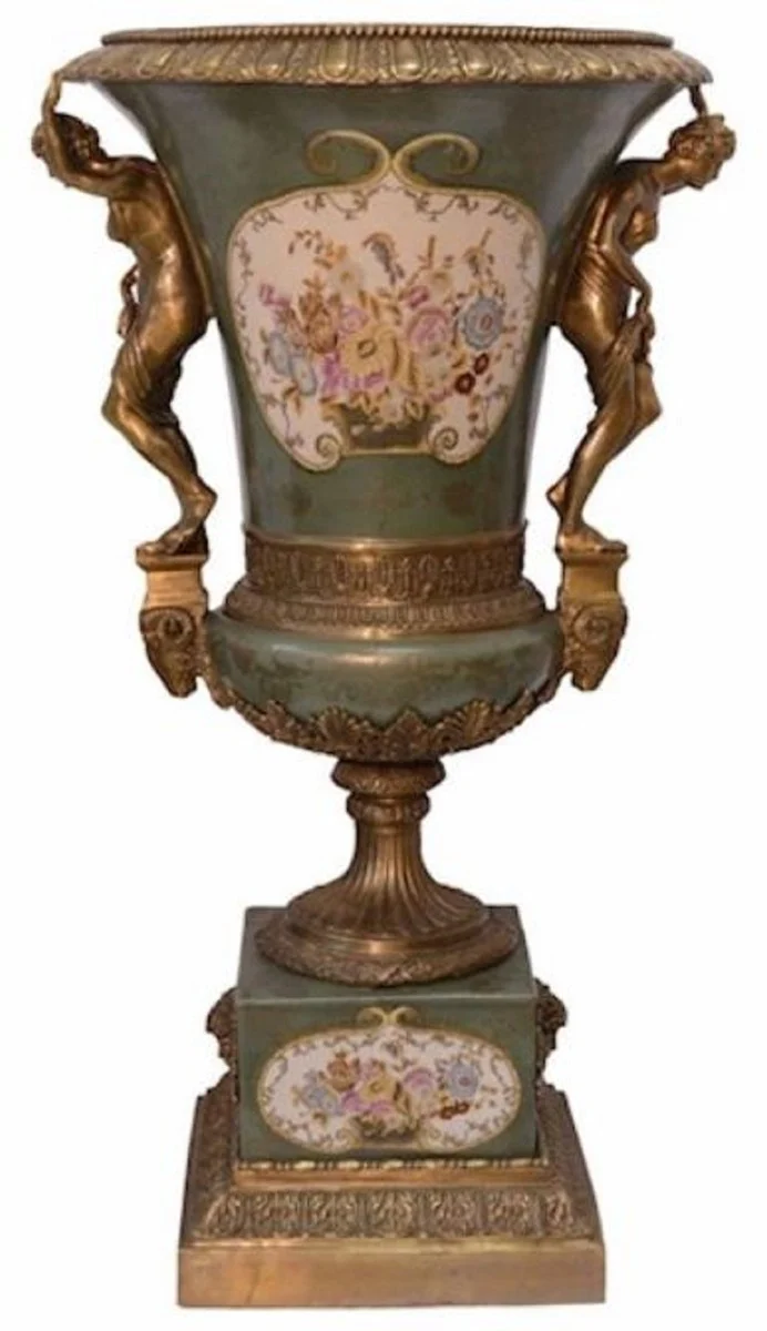 Casa Padrino Luxus Barock Porzellan Vase Grün / Mehrfarbig / Antik Bronze 57,3 x 53,5 x H. 100,5 cm - Prunkvolle Porzellan Blumenvase - Porzellan Deko Accessoires im Barockstil