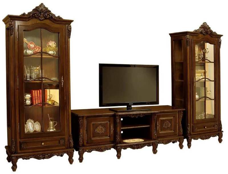 Casa Padrino Luxus Barock Wohnzimmer Set Dunkelbraun - 1 Barock TV Schrank & 2 Barock Vitrinen - Luxus Wohnzimmer Möbel im Barockstil - Barock Möbel - Edel & Prunkvoll