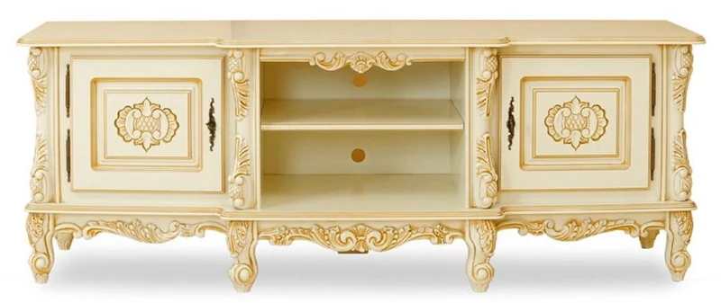 Casa Padrino Luxus Barock TV Schrank Creme / Beige - Handgefertigtes Massivholz Sideboard mit 2 Türen - Luxus Wohnzimmer Möbel im Barockstil - Barock Möbel - Edel & Prunkvoll
