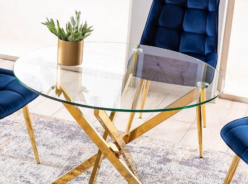 Casa Padrino Luxus Esstisch Gold Ø 90 x H. 71 cm - Runder Esszimmertisch mit gehärteter Glasplatte - Esszimmer Möbel - Küchen Möbel
