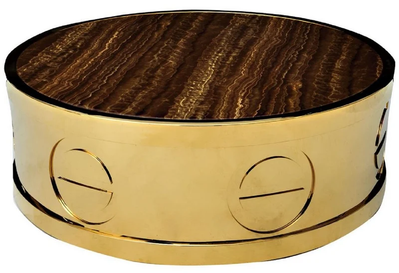 Casa Padrino Luxus Couchtisch Gold / Braun Ø 95 x H. 32 cm - Runder Wohnzimmertisch mit Kunstmarmor Tischplatte - Wohnzimmer Möbel - Hotel Möbel - Luxus Möbel