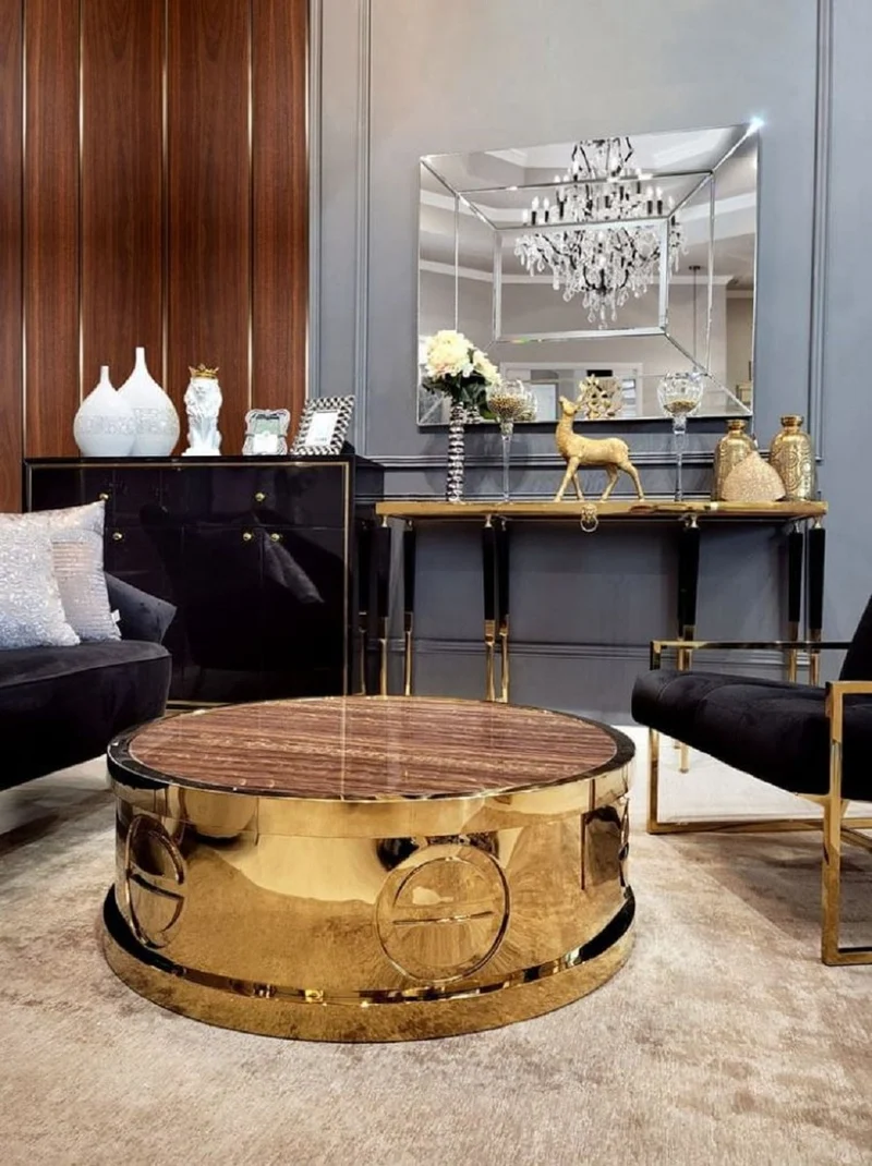 Casa Padrino Luxus Couchtisch Gold / Braun Ø 95 x H. 32 cm - Runder Wohnzimmertisch mit Kunstmarmor Tischplatte - Wohnzimmer Möbel - Hotel Möbel - Luxus Möbel