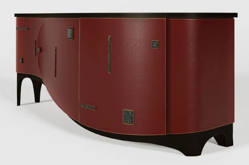 Casa Padrino Luxus Art Deco Sideboard Rot / Schwarz / Messing 195 x 55 x H. 75 cm - Edler Massivholz Schrank - Art Deco Möbel - Hotel Möbel - Luxus Möbel