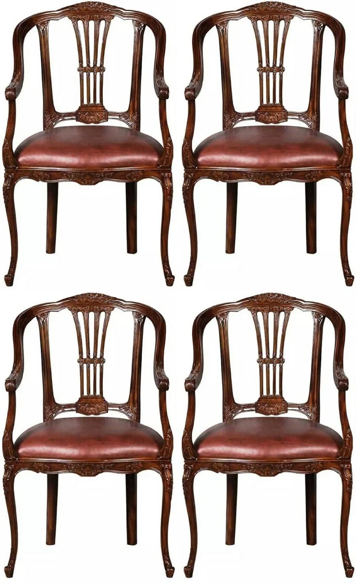Casa Padrino Luxus Barock Leder Esszimmer Stuhl 4er Set mit Armlehnen Braun - Prunkvolle Barockstil Echtleder Küchen Stühle - Luxus Barock Esszimmer Möbel - Edel & Prunkvoll