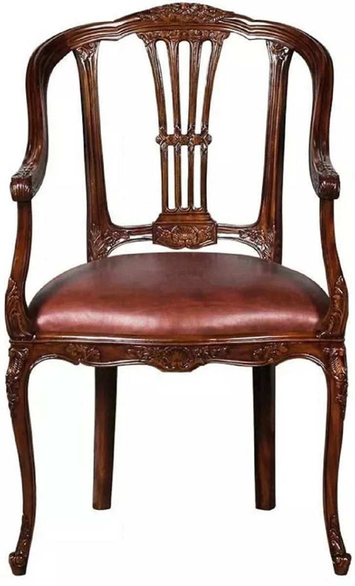 Casa Padrino Luxus Barock Leder Esszimmer Stuhl 4er Set mit Armlehnen Braun - Prunkvolle Barockstil Echtleder Küchen Stühle - Luxus Barock Esszimmer Möbel - Edel & Prunkvoll