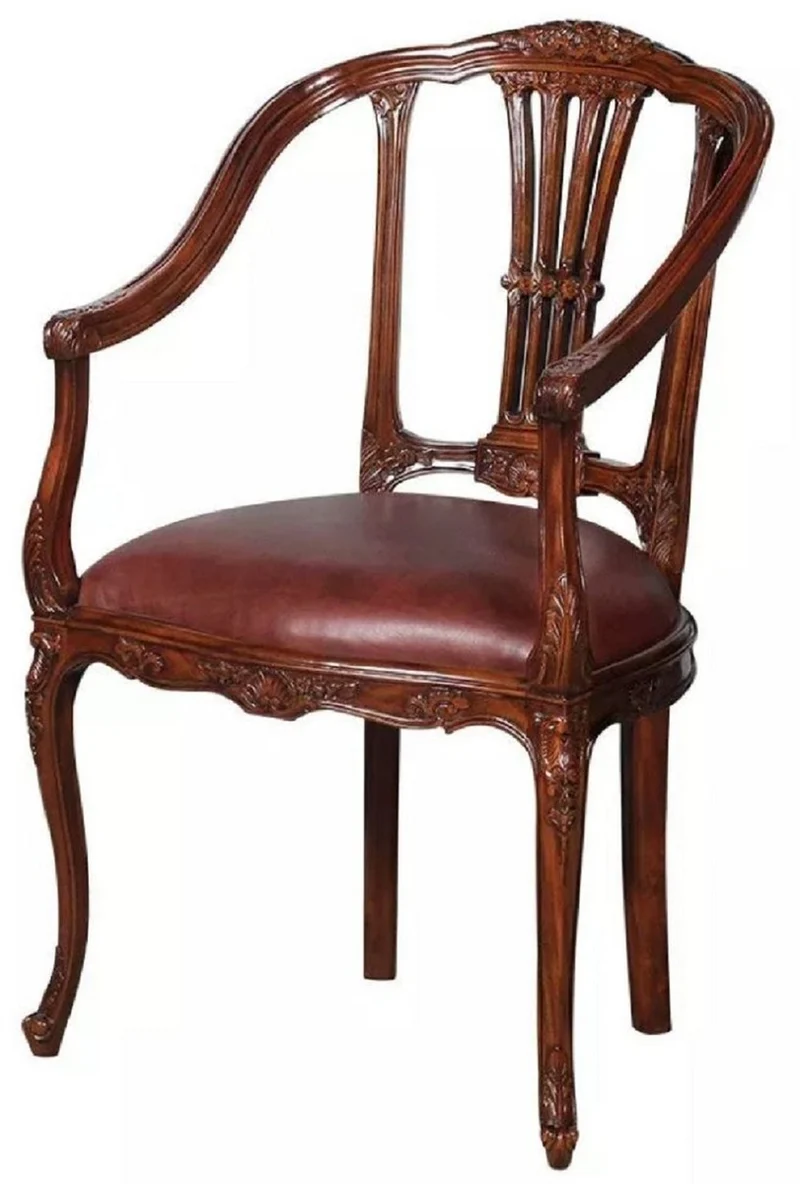 Casa Padrino Luxus Barock Leder Esszimmer Stuhl 4er Set mit Armlehnen Braun - Prunkvolle Barockstil Echtleder Küchen Stühle - Luxus Barock Esszimmer Möbel - Edel & Prunkvoll