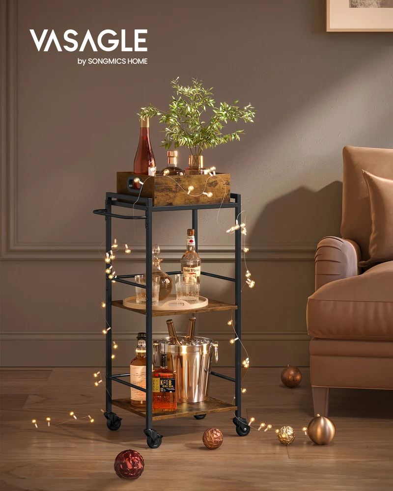 3-Tier Kitchen Serving Cart with Removable Tray, 11.8" x 13.7" x 33.9", Rustic Brown & Black, Wheels with Brakes & Leveling Feet.