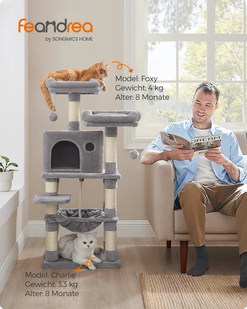 Cat Tree 44.1-Inch Cat Tower for Indoor Cats, Multi-Level Cat Condo with 11 Scratching Posts, 2 Perches, Cave, Hammock, Light Gray
