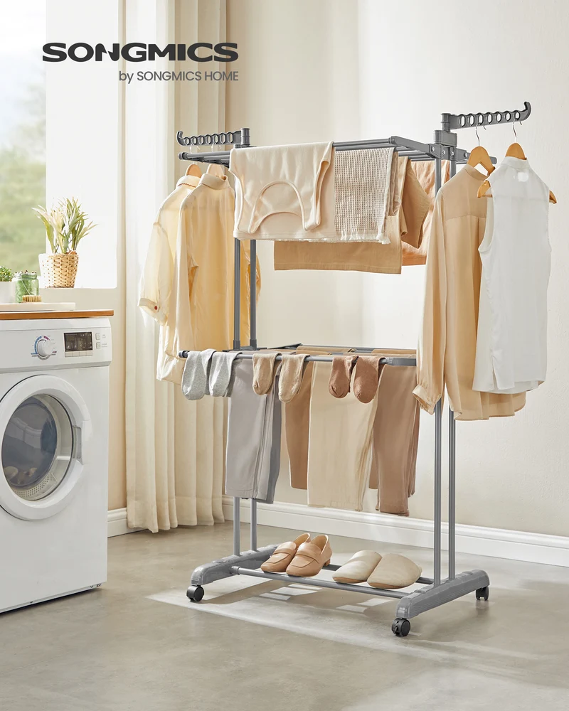 3-Tier Foldable Laundry Drying Rack, 58.3-Inch Tall with Wheels, 55lb Capacity, Rolling Clothes Horses, Indoor Outdoor Use, Dove Gray
