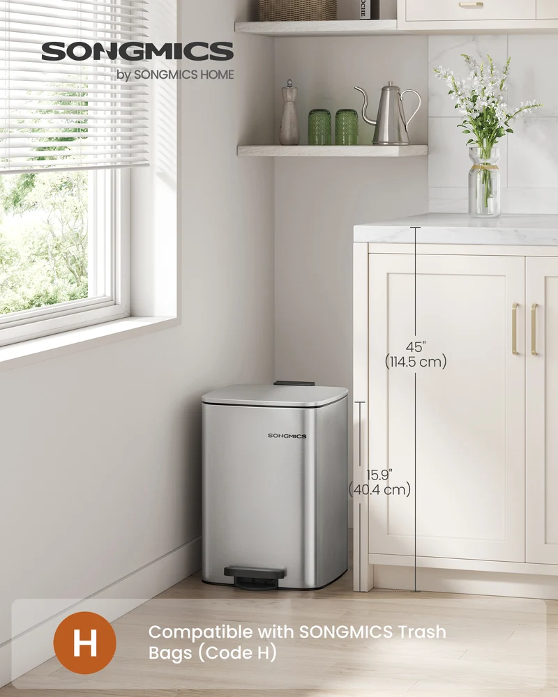 Kitchen Trash Can, 5.2-Gallon (20 L) Trash Bin, Stainless Steel Garbage Can, with Inner Bucket, Soft Close and Stays Open, Metallic Silver
