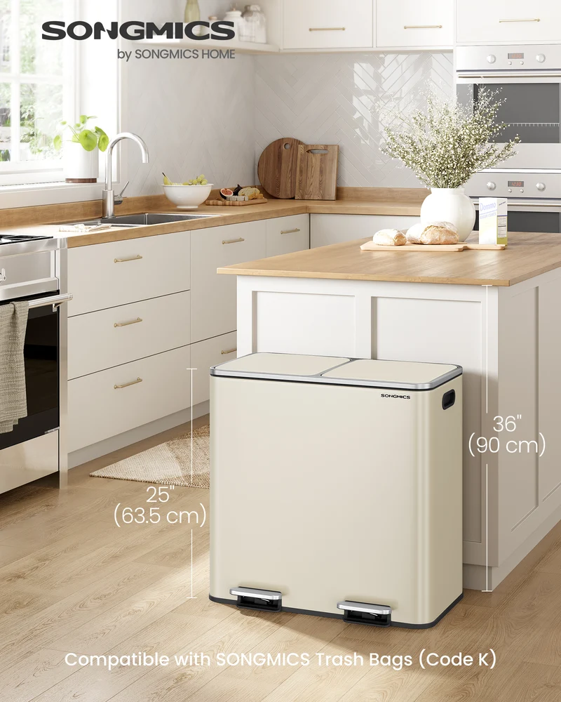 Dual 10.6-Gallon Kitchen Trash Can - Stainless Steel with 180K-Step Pedal, Airtight Lids & 15 Bags, Almond Color