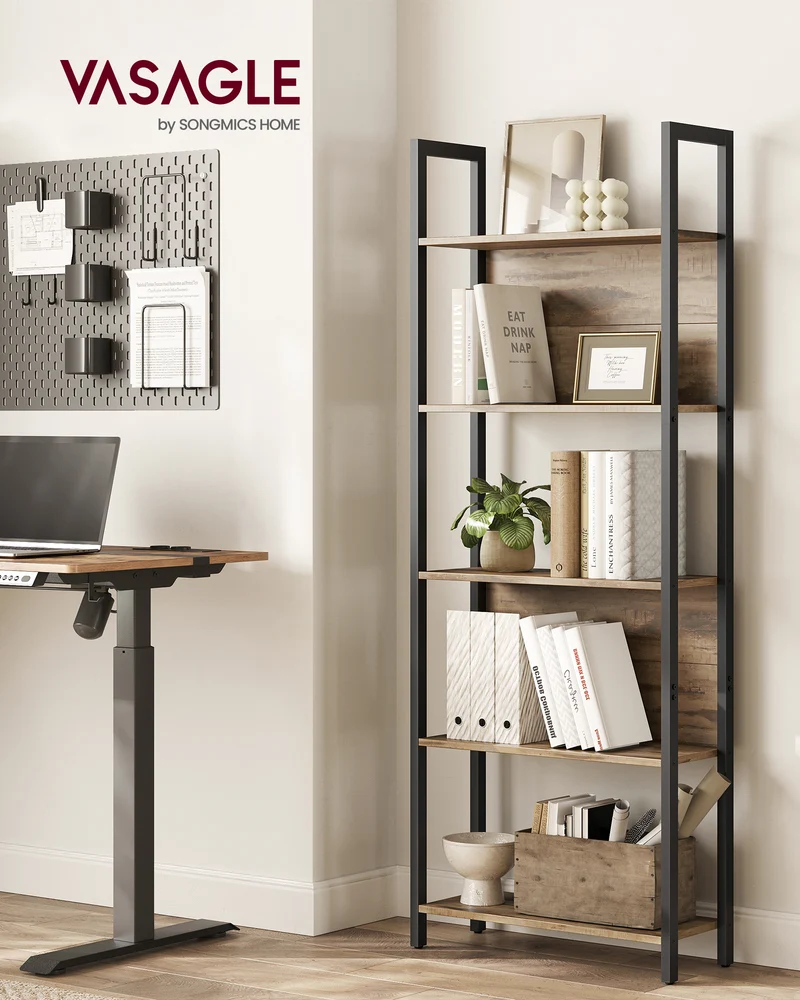 5-Tier Bookshelf, Book Shelf, Industrial Bookcase, Camel Brown and Black