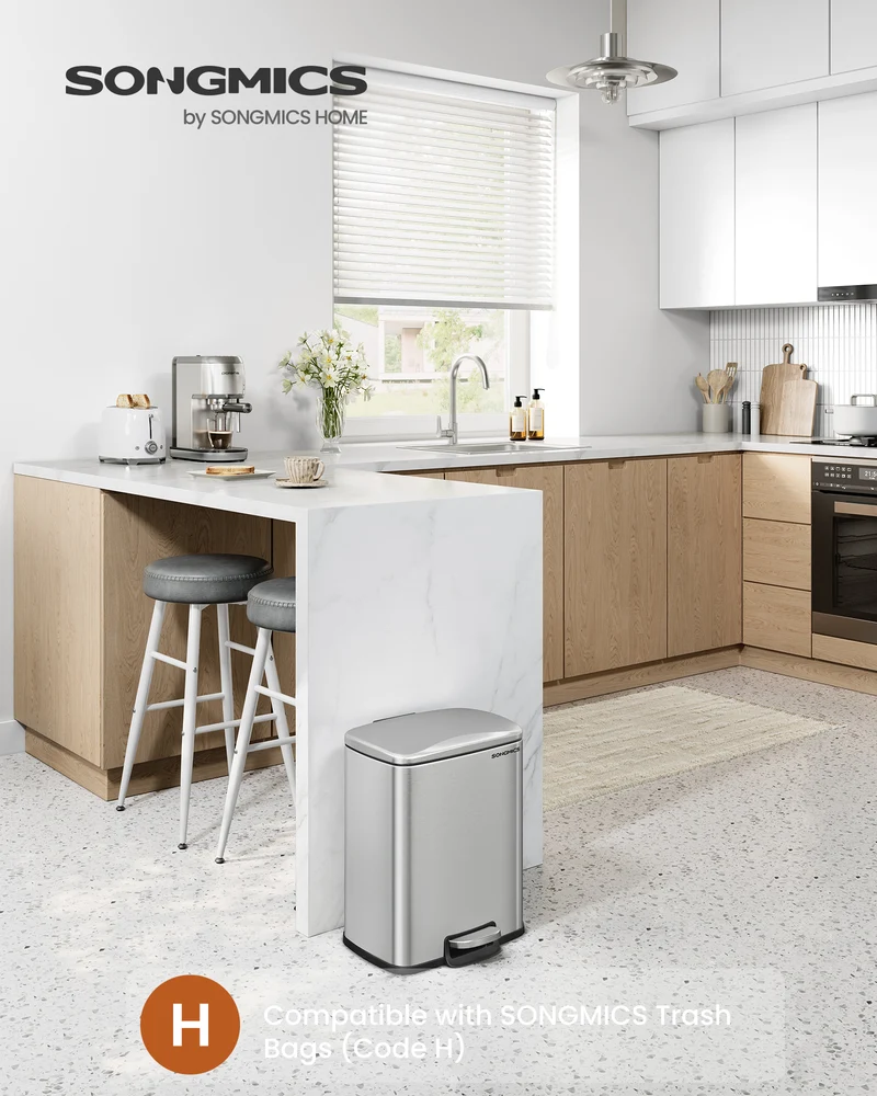 5.2-Gallon (20L) Trash Can, Garbage Can with Lid, Step Trash Bin for Kitchen, Stainless Steel, Soft Close and Stays Open, Inner Bucket, Includes 15 Trash Bags, Silver