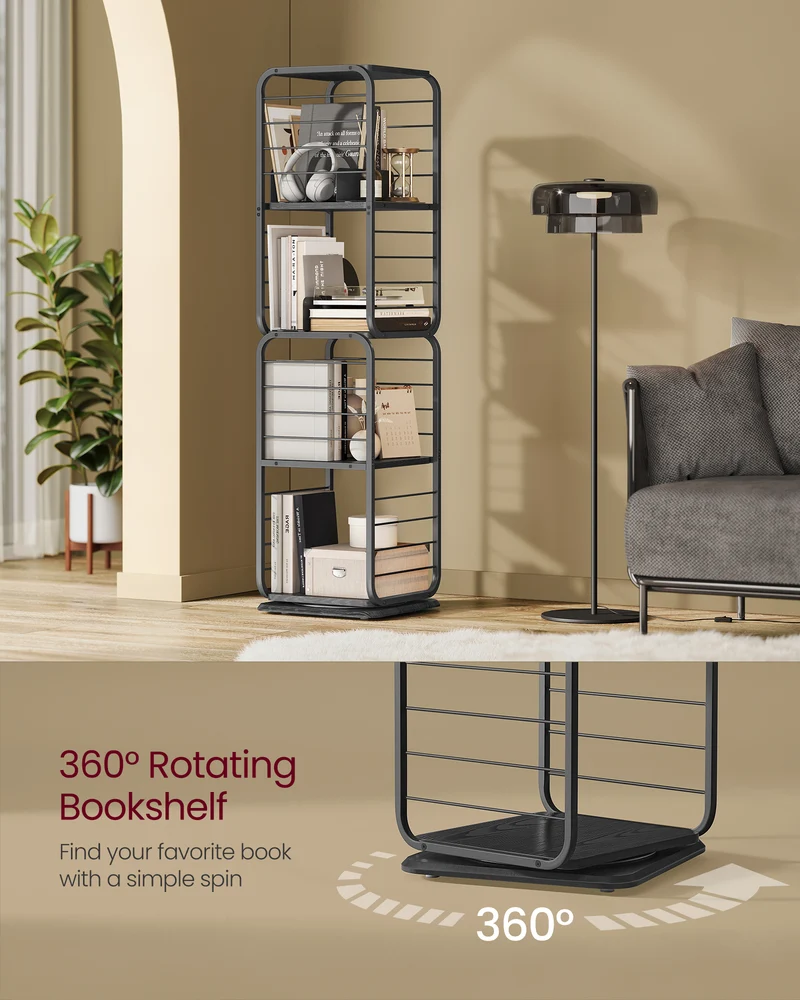 4-Tier Rotating Bookshelf, Bookcase with Bookends for Small Spaces, Corner Shelf, Steel Frame Ebony Black and Ink Black