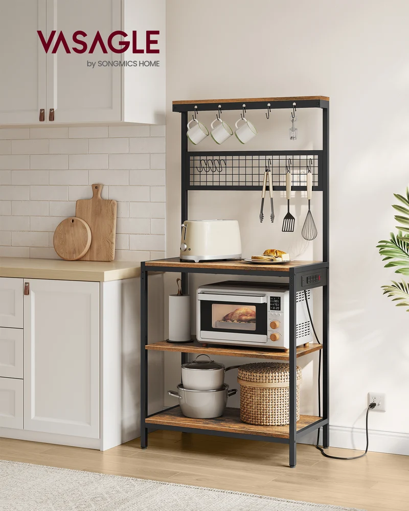 Bakers Rack with Charging Station, Coffee Bar Stand with Adjustable Storage Shelf, Rustic Brown and Ink Black