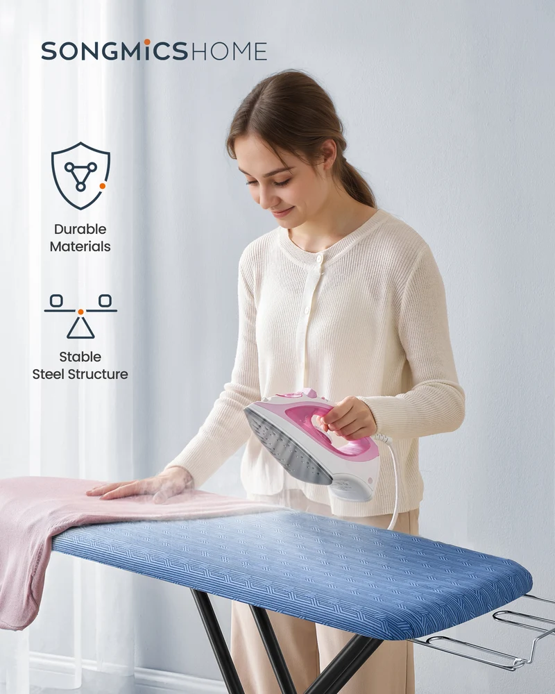 Foldable Iron Board with 4 Layered Cover and Pad Height Adjustable up to 35 Inches Iron Rest, Hook Steel X-Legs Midnight Blue
