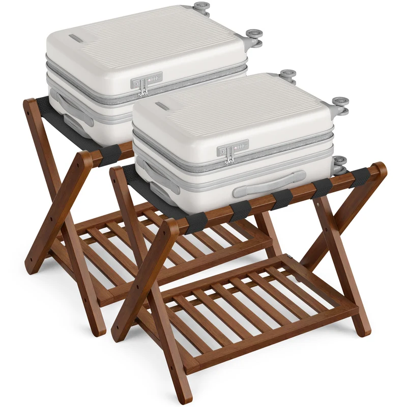 Set of 2 Solid Wood Luggage Racks No Assembly Foldable Suitcase Stands with Storage Shelf, 150 lb Capacity, Coffee Brown