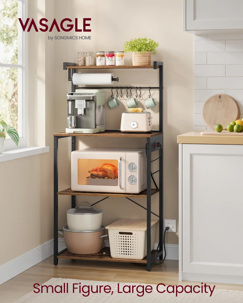 4-Tier Kitchen Baker's Rack with Power Outlet & Adjustable Shelf, Microwave Stand with 8 S-Hooks & Paper Towel Holder, Space-Saving Storage for Small Kitchens, Rustic Brown