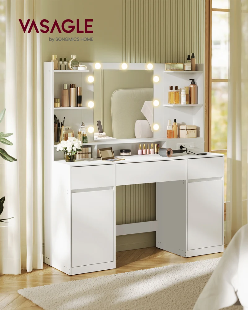 Vanity Desk with 9 LED Lights & Power Outlets, 43.3 Inch Makeup Table with 2 Cabinets, 3 Drawers & 8 Compartments, Dressing Table for Bedroom, Cloud White