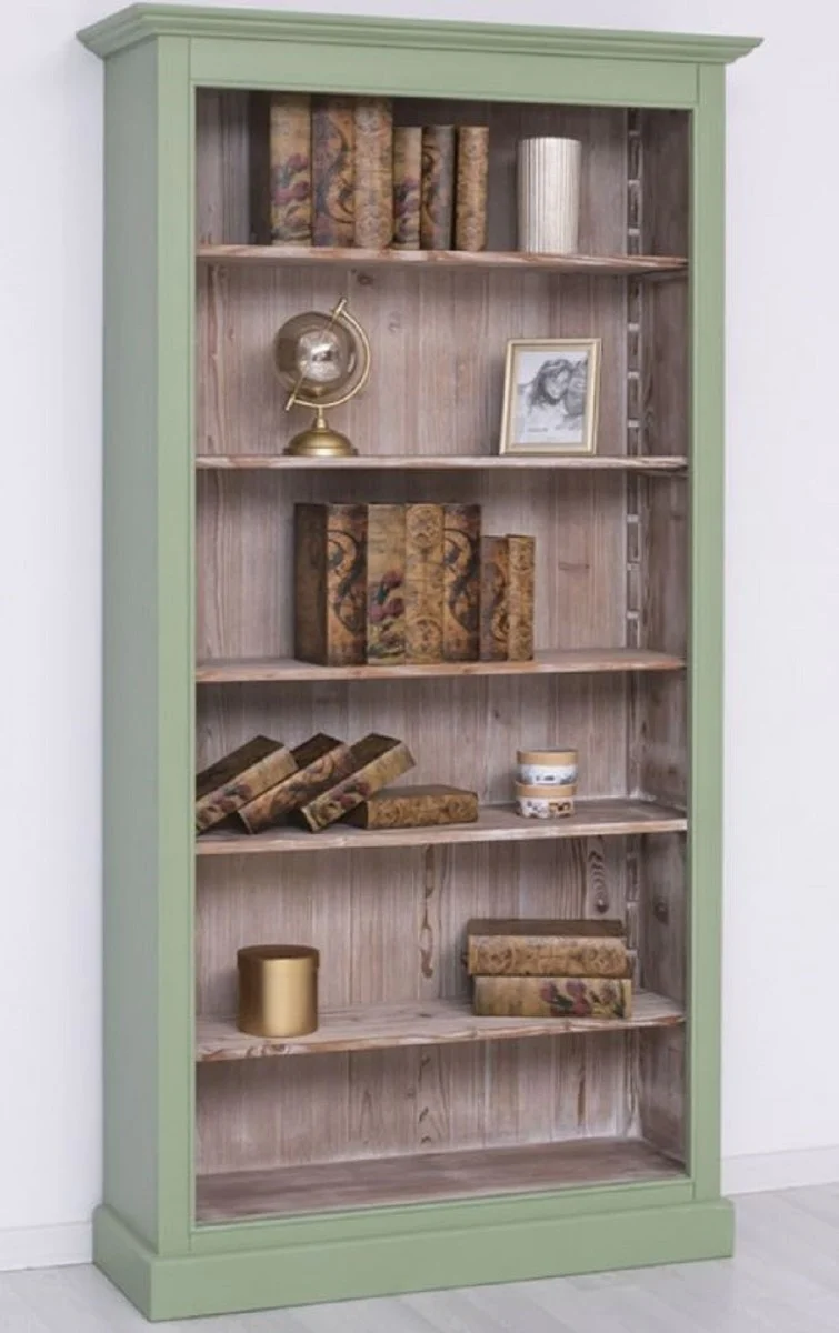 Casa Padrino Landhausstil Bücherschrank Grün / Naturfarben 110 x 39 x H. 210 cm - Massivholz Schrank - Regalschrank - Wohnzimmerschrank - Büroschrank - Landhausstil Möbel