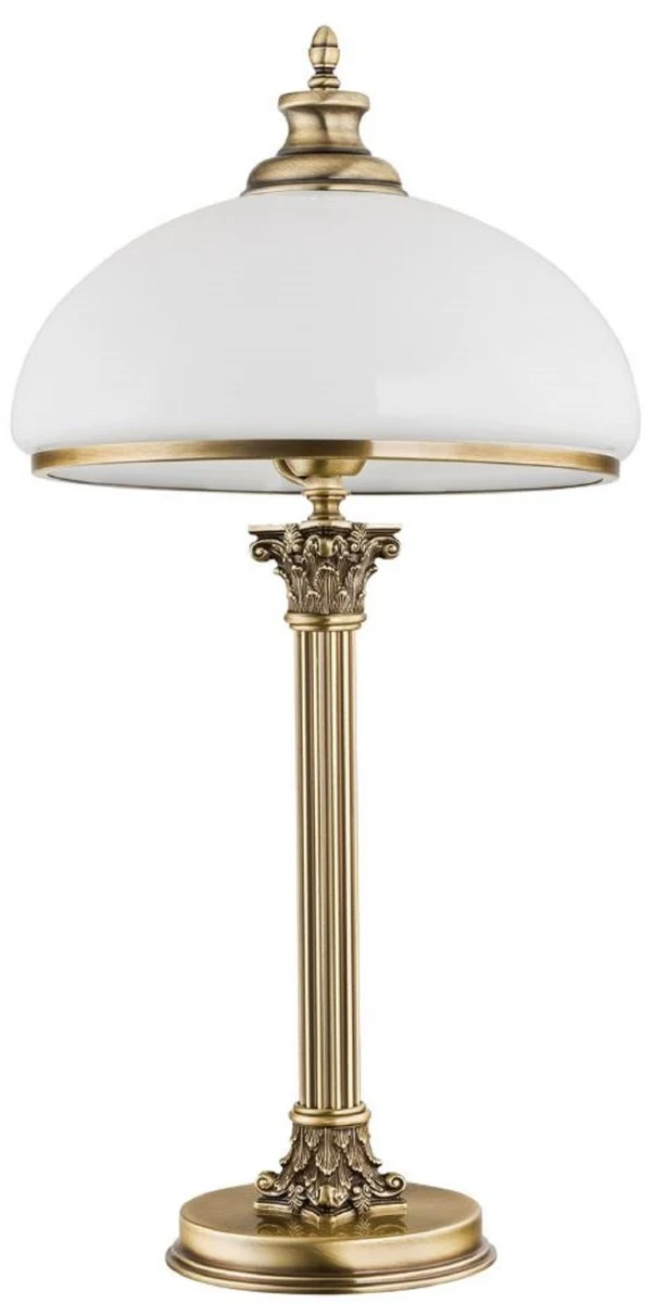 Casa Padrino Luxus Barock Tischleuchte Messing mit Patina / Weiß Ø 30 x H. 60 cm - Runde Messing Schreibtischleuchte mit Glas Lampenschirm - Barock Leuchten