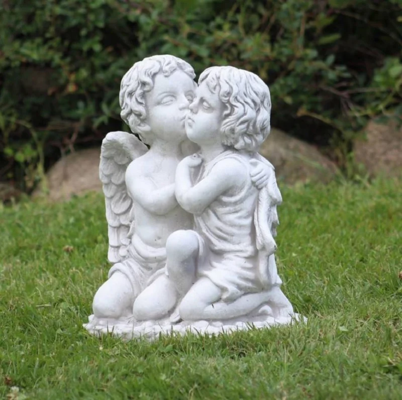 Casa Padrino Jugendstil Deko Skulptur 2 Engel Grau 45 x 25 x H. 39 cm - Elegante Deko Stein Figur - Garten Deko - Barock & Jugendstil Deko Accessoires