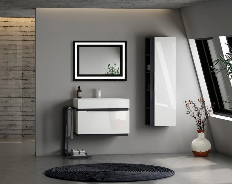 Casa Padrino Luxus Badezimmer Spiegel Schwarz 80 x 2,8 x H. 60 cm - Rechteckiger Wandspiegel mit LED Beleuchtung - Badezimmer Möbel - Badezimmer Accessoires - Luxus Möbel