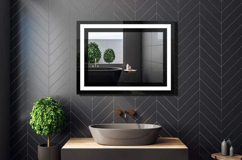 Casa Padrino Luxus Badezimmer Spiegel Schwarz 80 x 2,8 x H. 60 cm - Rechteckiger Wandspiegel mit LED Beleuchtung - Badezimmer Möbel - Badezimmer Accessoires - Luxus Möbel