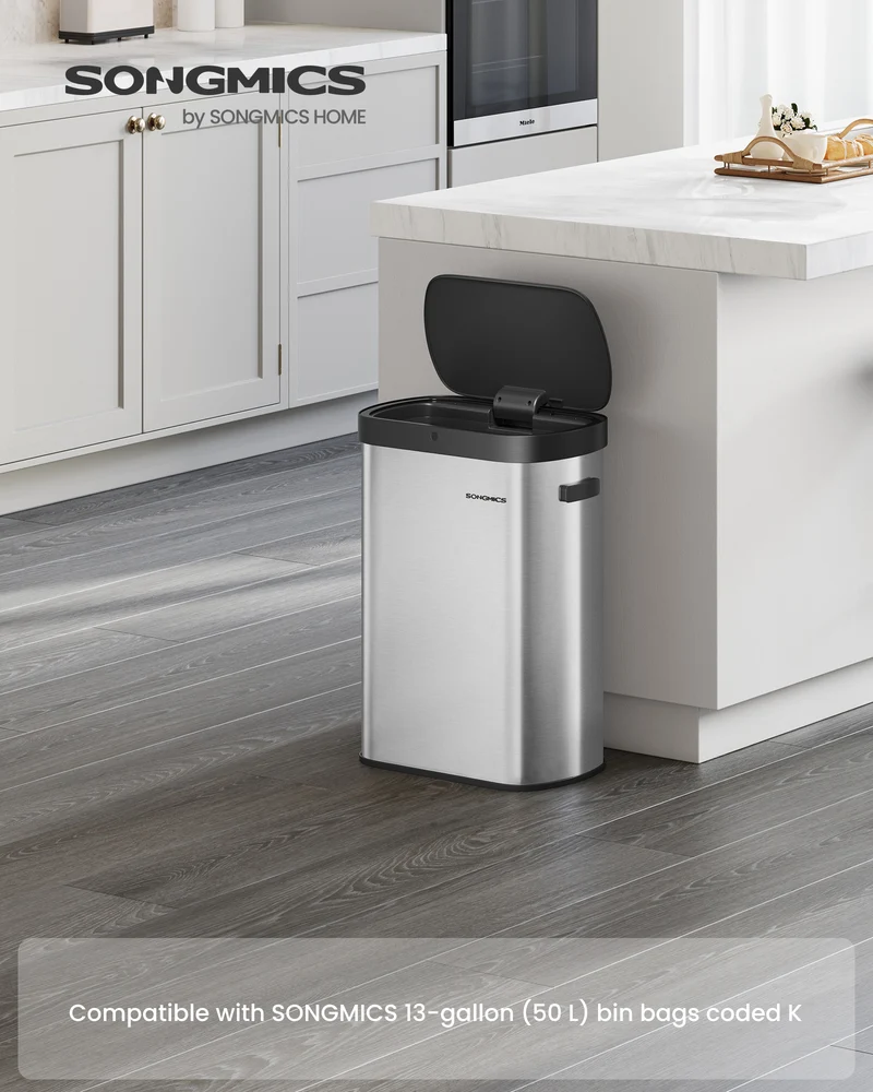 13 Gallon Automatic Trash Can - Motion/Touch Sensor, Stainless Steel, Soft-Close Lid, Includes 15 Bags, Metallic Silver and Ink Black