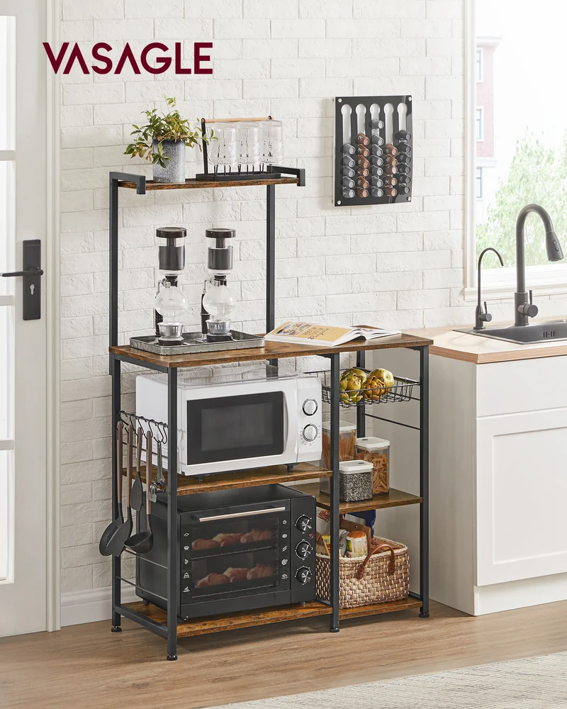 Bakers Rack, Microwave Stand, Kitchen Storage Rack with Wire Basket, 6 Hooks, and Shelves, Rustic Brown and Ink Black