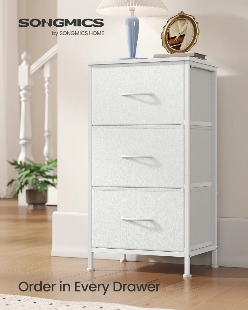 3-Drawer Fabric Dresser with Steel Frame, 66 lb Top Load Storage Organizer for Bedroom Closet, White