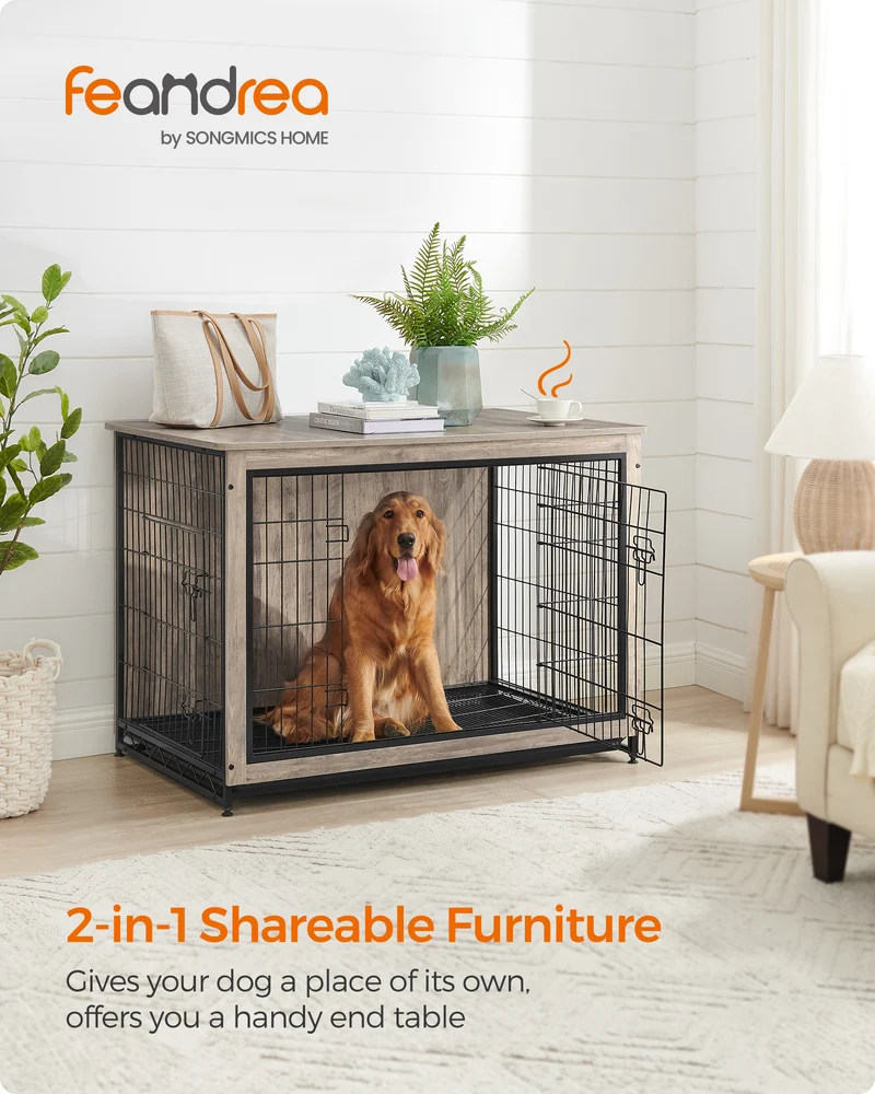 Wooden Dog Crate Furniture,Double-Doors Kennel for Dogs Indoor up to 80 lb, Removable Tray, End Table Dog Crate for Decoration 44.1"L x 29.5"W x 32.3"H, Greige