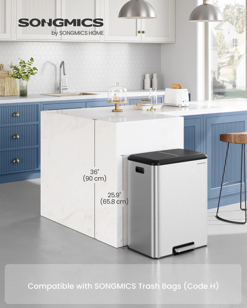 Double Compartment Trash Can - 2x8 Gallon Stainless Steel Recycling Bin with Soft-Close Lid & Pedal, Inner Buckets, Metallic Silver