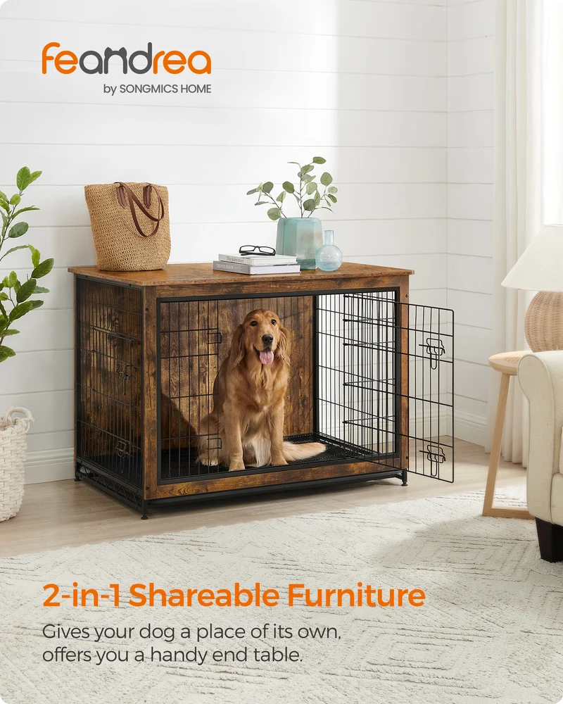 Wooden Dog Crate Furniture,Double-Doors Kennel for Dogs Indoor up to 80 lb, Removable Tray, End Table Dog Crate for Decoration 44.1"L x 29.5"W x 32.3"H, Rustic Brown