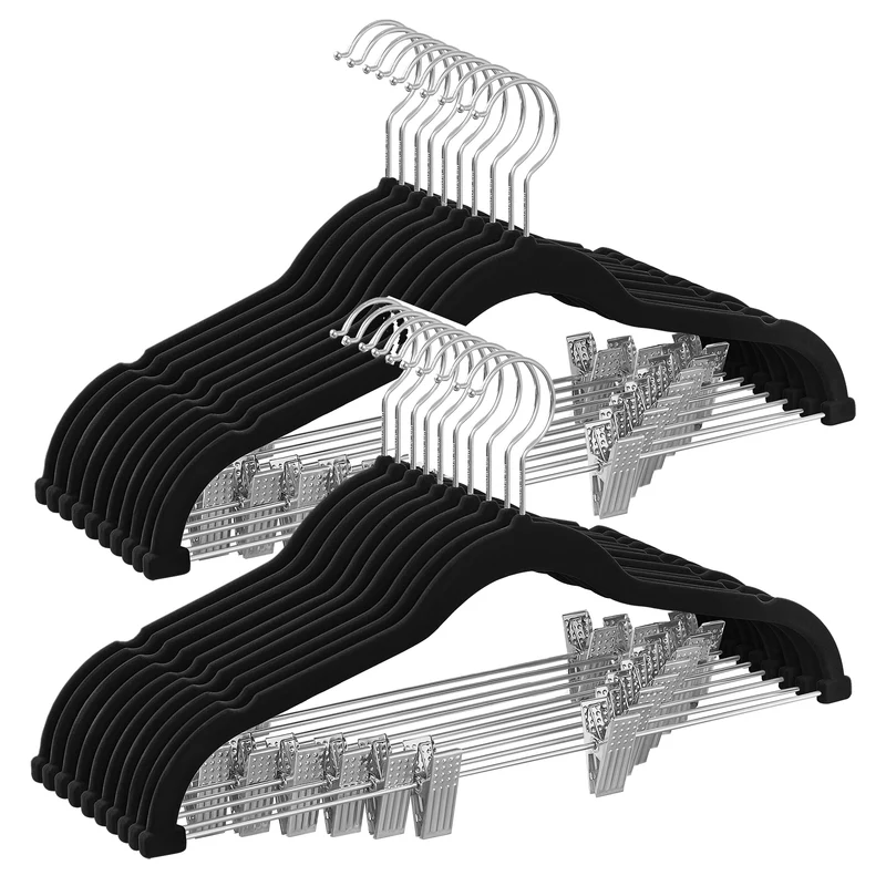 20 Pack Skirt Pants Hangers 17 Inch Long Velvet Clips Hangers with Adjustable Clips Non-Slip for Skirts Coats Dresses Black