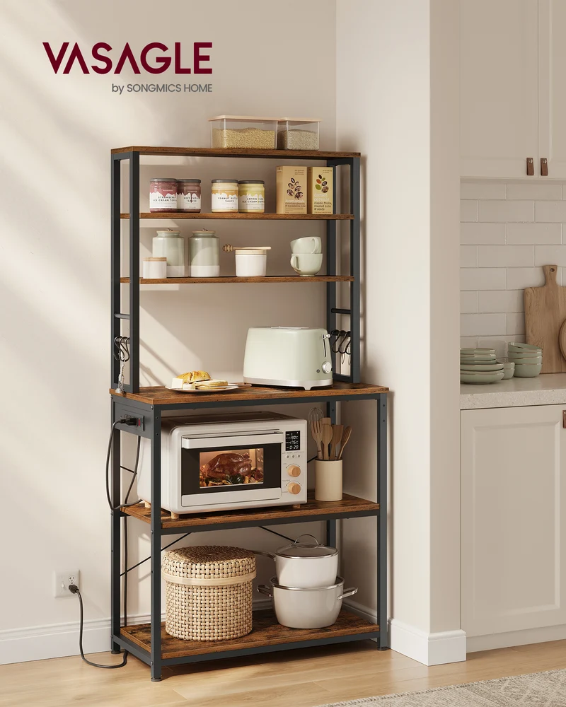Bakers Rack with Power Outlet, 31.5 Inches Coffee Bar for Kitchen with Storage, 6-Tier Kitchen Shelves with 6 Hooks, Microwave Stand