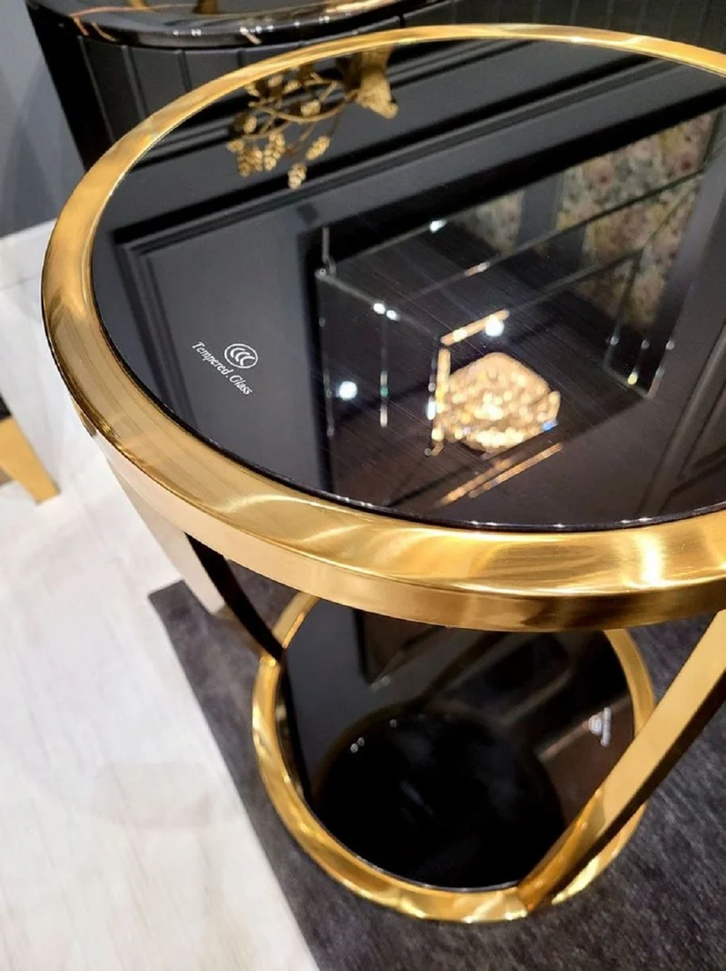 Casa Padrino Luxus Beistelltisch Gold / Schwarz Ø 35 x H. 50 cm - Runder Edelstahl Blumentisch mit getönten Glasplatten - Wohnzimmer Möbel - Luxus Möbel