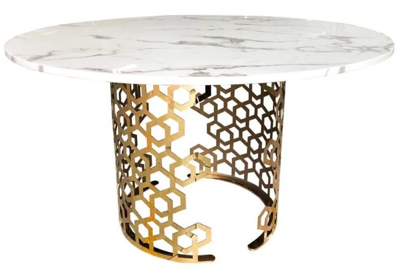Casa Padrino Luxus Esstisch Weiß / Gold Ø 135 x H. 76 cm - Runder Esszimmer Tisch mit Kunstmarmor Tischplatte - Esszimmer Möbel - Luxus Möbel - Luxus Einrichtung