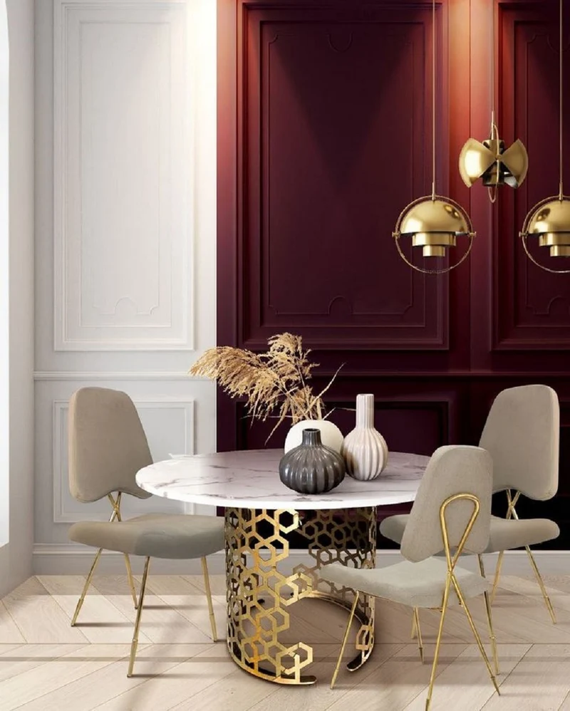 Casa Padrino Luxus Esstisch Weiß / Gold Ø 135 x H. 76 cm - Runder Esszimmer Tisch mit Kunstmarmor Tischplatte - Esszimmer Möbel - Luxus Möbel - Luxus Einrichtung