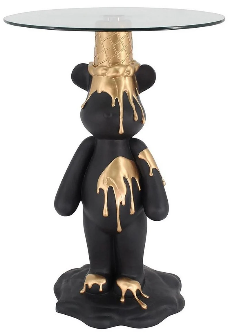 Casa Padrino Luxus Beistelltisch Bär Schwarz / Gold Ø 48,5 x H. 69 cm - Runder Kunstharz Tisch mit Glasplatte - Wohnzimmer Möbel - Luxus Möbel - Luxus Einrichtung - Wohnzimmer Einrichtung