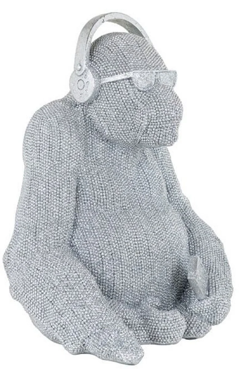 Casa Padrino Luxus Deko Figur Gorilla Affe Silber 26 x 24 x H. 35 cm - Kunstharz Deko Skulptur - Wohnzimmer Deko - Schreibtisch Deko - Luxus Deko Tierfigur