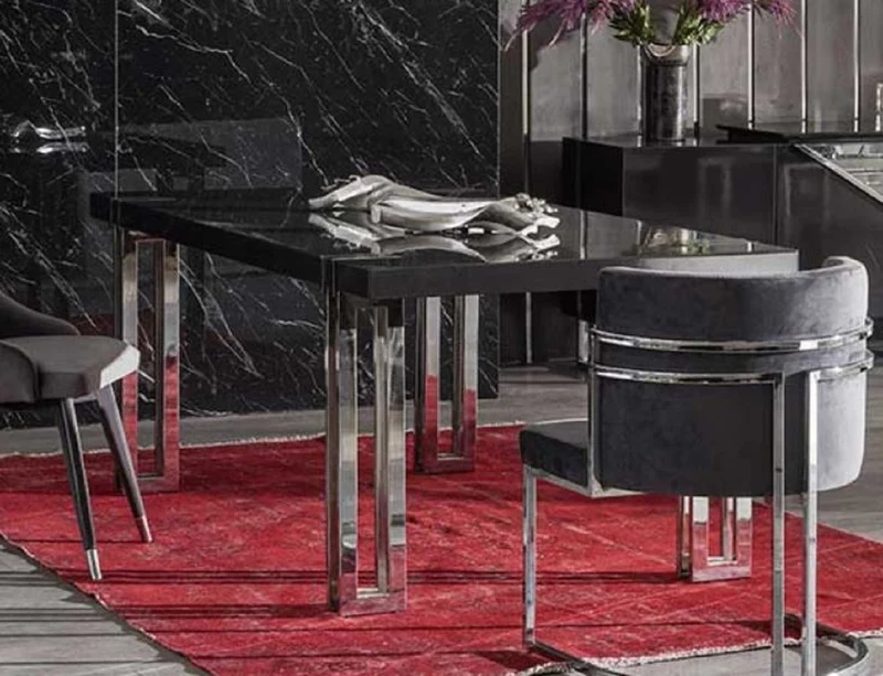 Casa Padrino Luxus Esstisch Schwarz / Silber 220 x 100 x H. 77 cm - Rechteckiger Küchentisch mit Massivholz Tischplatte und Metallbeinen - Esszimmer Möbel - Küchen Möbel - Luxus Möbel