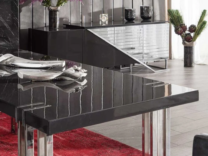 Casa Padrino Luxus Esstisch Schwarz / Silber 220 x 100 x H. 77 cm - Rechteckiger Küchentisch mit Massivholz Tischplatte und Metallbeinen - Esszimmer Möbel - Küchen Möbel - Luxus Möbel