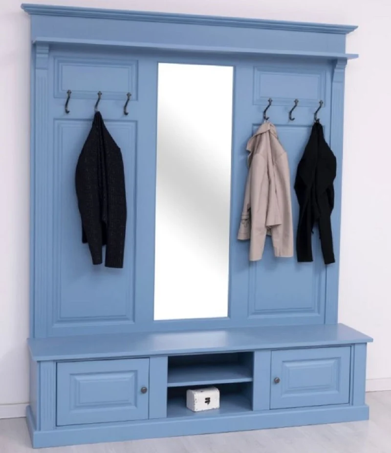 Casa Padrino Landhausstil Garderobe Hellblau 180 x 41 x H. 210 cm - Massivholz Garderobenschrank mit Spiegel - Massivholz Garderobenmöbel - Landhausstil Garderobenmöbel