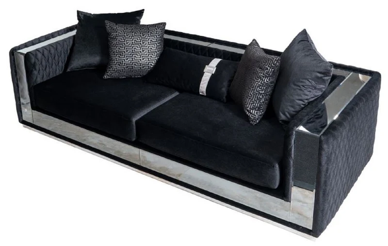 Casa Padrino Luxus 3er Sofa Schwarz / Siber 220 x 90 x H. 70 cm - Verspiegeltes Wohnzimmer Sofa - Hotel Sofa - Wohnzimmer Möbel - Hotel Möbel - Luxus Möbel
