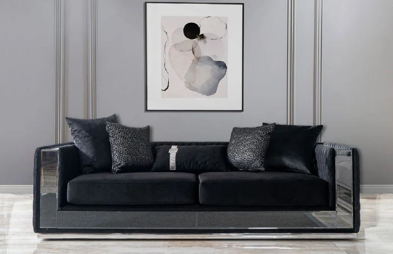 Casa Padrino Luxus 3er Sofa Schwarz / Siber 220 x 90 x H. 70 cm - Verspiegeltes Wohnzimmer Sofa - Hotel Sofa - Wohnzimmer Möbel - Hotel Möbel - Luxus Möbel
