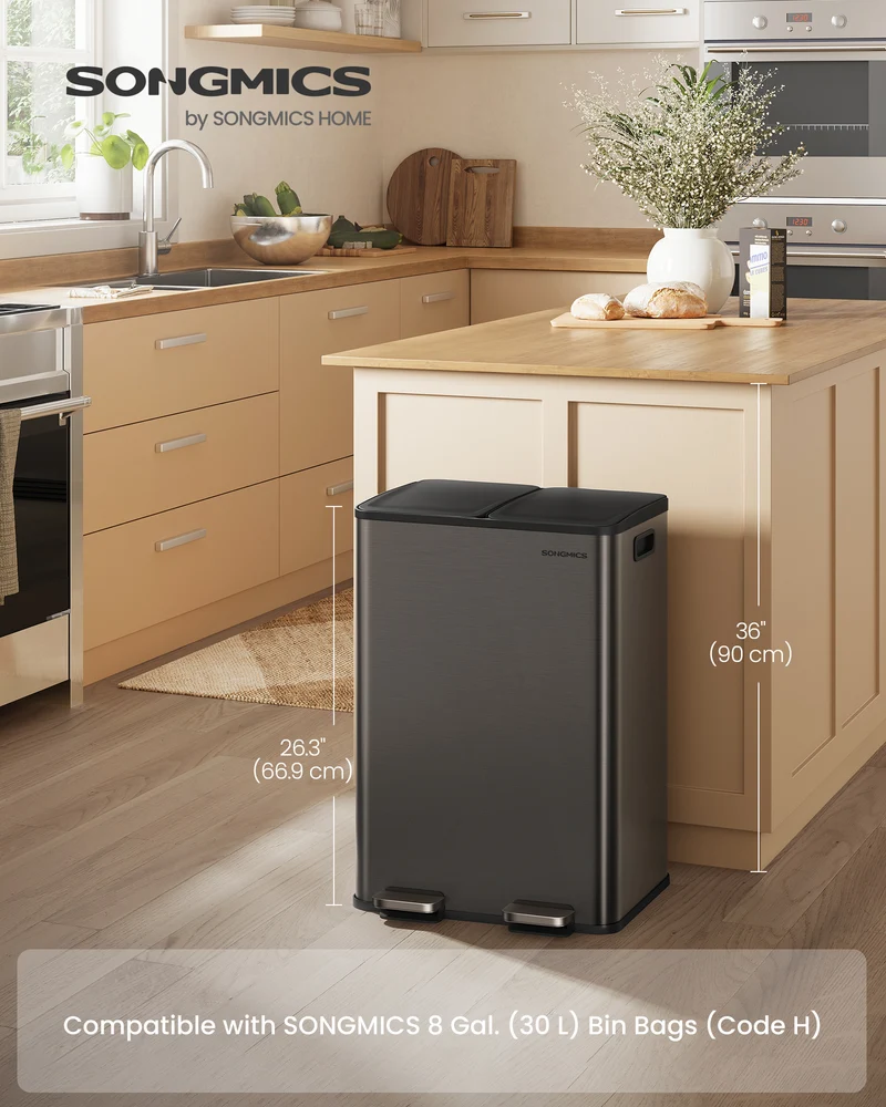 Dual 8-Gallon Trash Can - Stainless Steel Step Pedal Bin with 2 Removable Buckets & 15 Bags, Soft-Close Lid, Slate Gray