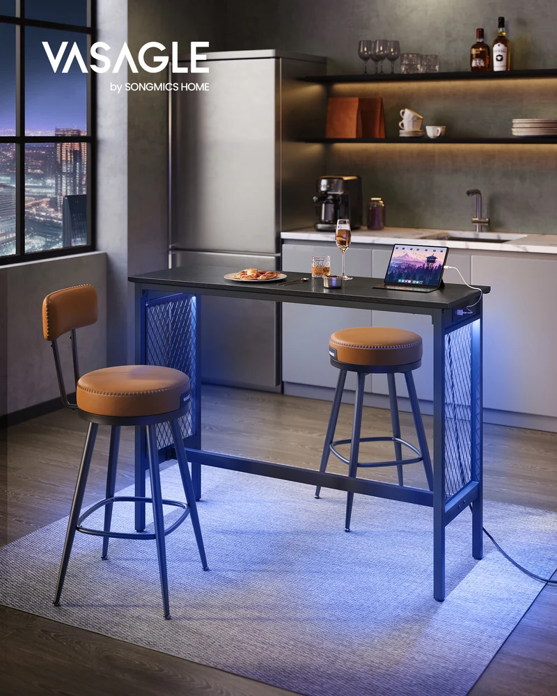 Bar Table, 47.2" Narrow Long Bar Table, Cocktail Tall Table with LED Lights, Built-in Power Outlets, Mesh Panels, High Top Pub Table for Dining Kitchen Home Bar
