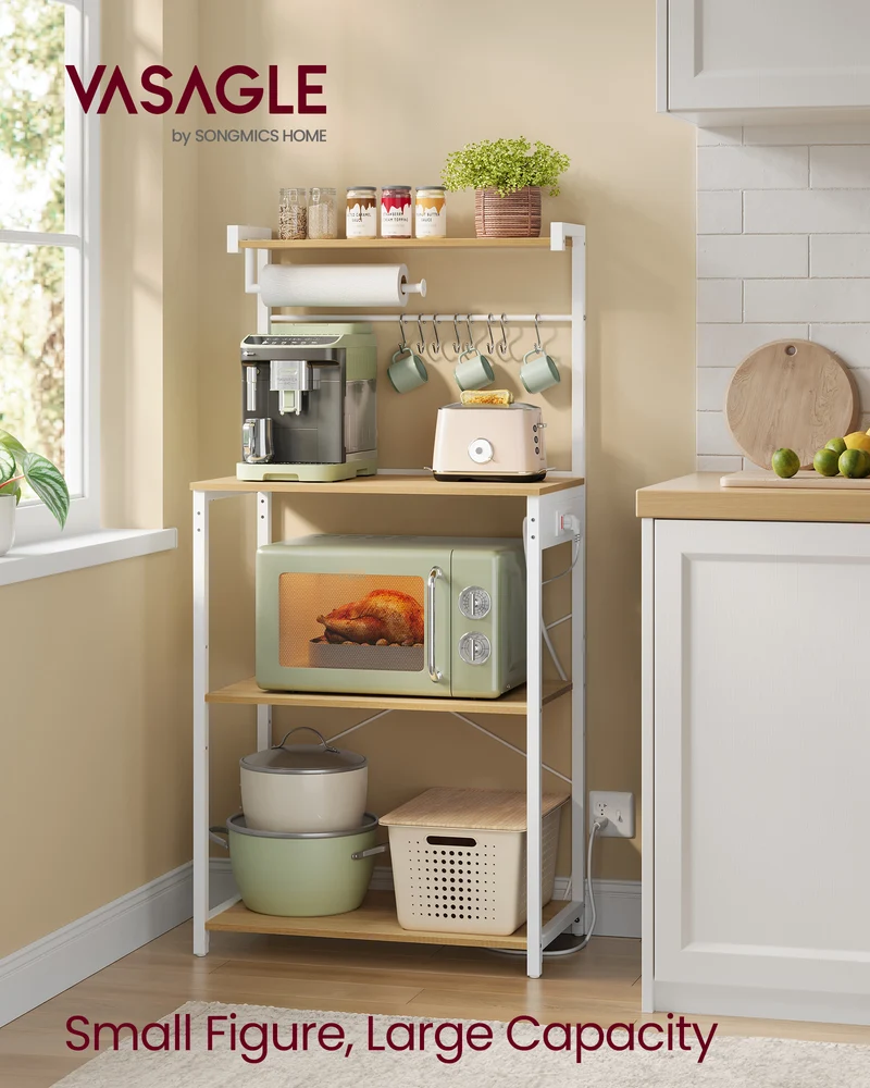 4-Tier Kitchen Bakers Rack with Built-in Power Strip, 2 Outlets & Adjustable Shelf, Microwave Stand with 8 Hooks, Golden Oak and Cloud White