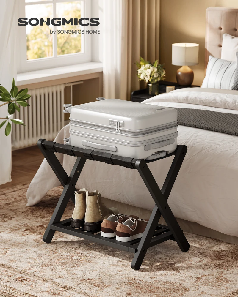 Solid Wood Foldable Luggage Rack, No Assembly Required Suitcase Stand with Storage Shelf, Sturdy & Space-Saving, Natural Wood, Ink Black